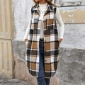 Plaid sleeveless longline vest in brown and grey with large lapels and button closure - S / Khaki
