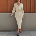 Robe élégante en maille crème avec col en V, manches lanternes et ceinture à nouer - S / Abricot Beige