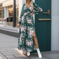 Long sleeve dark green floral V-neck maxi dress with high slit and elastic waist design - S / Dark Green