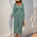 Floral square neck long sleeve wide leg jumpsuit with smocking details and green print - S / Green