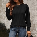 Klassisches schwarzes Rippstrick-Oberteil für Damen mit Puffärmeln und Rundhalsausschnitt - S / Schwarz