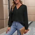 Damen Casual V-Ausschnitt Plissee-Pullover in Schwarz mit langen Bündchenärmeln - S / Schwarz