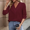 Women's V-neck casual pullover blouse in deep wine red color with a pleated design - Burgundy