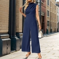Detail of navy sleeveless jumpsuit featuring a draped cowl neck and wide-leg cut - S / Navy Blue