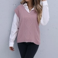 Women's pink V-neck knitted sweater vest with cable knit pattern layered over white shirt - S / Pink Purple