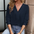 Navy blue V-neck pleated pullover sweatshirt in elegant draped fabric for women - Navy Blue