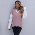 Pink V-neck cable knit vest with diamond pattern worn over a white shirt - S / Pink Purple