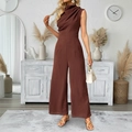 Elegant brown sleeveless wide-leg jumpsuit with cowl neck and flattering high waist design - S / Coffee Brown