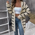 Women's casual striped knit cardigan in beige and black with V-neck button closure - S / Apricot