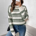 Damen Strickpullover mit grün-weißen Streifen, Rundhalsausschnitt und langen Ärmeln - S / Armeegrün
