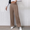 Women's high waist wide leg knit trousers in brown featuring front pleats and relaxed fit - Khaki