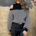 Pull à col roulé et épaules dénudées avec motif à chevrons noir et blanc pour femmes - S / Noir