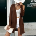 Brown long-sleeved cable knit cardigan with pockets in a mid-length open-front style - S / Coffee