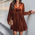 Elegant rust red velvet V-neck party dress with lantern sleeves and a high waist fit - S / Burned Orange