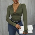 Slim fit olive green bodysuit with long sleeves, deep V-neck and delicate lace detailing - Army Green