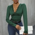 Elegant dark green long sleeve bodysuit with lace trim V-neckline and ruched details - Dark Green