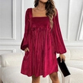 Samt weinrotes Kleid mit Karree-Ausschnitt, Puffärmeln und plissierter Textur Design - S / Burgunderrot