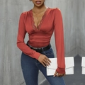 Brick red slim fit long sleeve bodysuit with elegant lace trim and deep V-neckline - Burned Orange