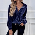 Women's deep blue velvet long sleeve shirt with lapel collar and single chest pocket - S / Royal Blue