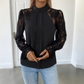 Elegant black long-sleeve lace patchwork blouse with mock neck and pleated details - L / Black