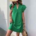 Short sleeve emerald green loose summer dress with ruffled sleeves and V-neckline style - Green