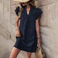 Women's dark blue loose A-line mini dress with layered ruffle sleeves and V-neckline - Navy Blue