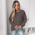 Women's crewneck long sleeve sweater in dark brown with white contrast whipstitch edges - S / Coffee Brown