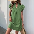 Sage green tiered ruffle sleeve dress with a textured V-neck stand collar finish - Mint Green