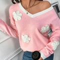 Pink V-neck knit sweater for women with 3D white flower appliques and ribbed trim - S / Pink
