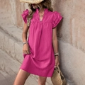 Hot pink summer sleeveless dress with layered ruffle sleeves and textured vertical fabric - Rose Red