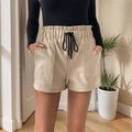 Women's beige fleece casual shorts with elastic waist, black drawstring and front pockets - S / Apricot