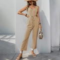 Mouwloze kaki jumpsuit met V-hals, knopen en verticale geplooide textuur - S / Khaki