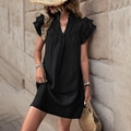 Women's black textured V-neck mini dress with tiered ruffle sleeves for a summer vacation look - Black