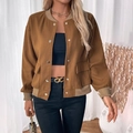 Chaqueta varsity de felpa marrón para mujer con botones a presión y cuello alto acanalado - S / Marrón Café