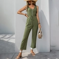 Olijfgroene mouwloze jumpsuit met V-hals, geribbelde textuur en trekkoord in de taille - S / Legergroen