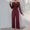 Elegant wine red jumpsuit with lace splicing and matching waist tie belt - Burgundy