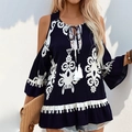 Dunkelblaue Boho-Bluse mit freien Schultern, weißer Stickerei und Quastenband - S / Marineblau