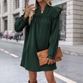 Dark green long sleeve ruffle dress with stand collar and textured corduroy fabric - Dark Green
