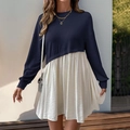 Robe décontractée à manches longues pour femmes avec patchwork bleu marine et crème - S / Bleu Marine