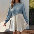 Robe décontractée à manches longues pour femmes en bleu et blanc cassé patchwork - S / Bleu Canard