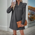 Elegant grey long sleeve dress with ruffle details and standing collar for women - Dark Gray