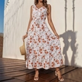 Detail view of bohemian floral maxi dress with tiered skirt and drawstring waist - S / White
