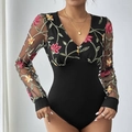 Body en tulle avec broderie florale et manches longues avec col en V profond - S / Noir