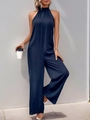 Detail of navy blue halter neck jumpsuit with pleated neckline and wide leg fit - S / Navy Blue