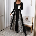 Elegant long sleeve maxi dress featuring leopard print patchwork and a square neckline - S / Black Splicing Leopard