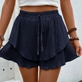 Donkerblauwe shorts met hoge taille, trekkoord, gelaagde ruches en elastische taille - S / Marineblauw