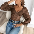 Detail of floral lace bodysuit with V-neck corset structure and scalloped lace trim - Coffee Brown