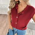 Women's burgundy knit vest featuring gold embossed buttons and functional front pockets - S / Red