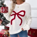 Women's white Christmas knit sweater with red bow jacquard and festive holiday decor - S / Off White