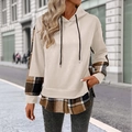 Women's cream oversized hoodie with plaid patchwork sleeves and drawstring hood design - S / Apricot